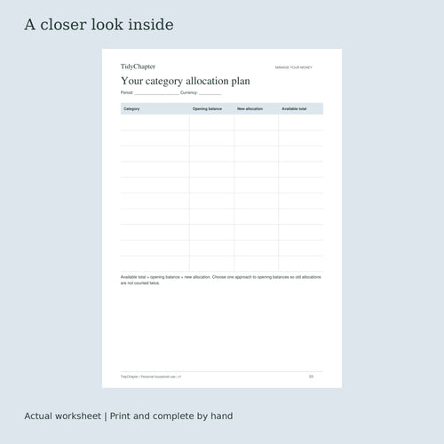 Cash Envelope & Category Spending Tracker actual worksheet preview