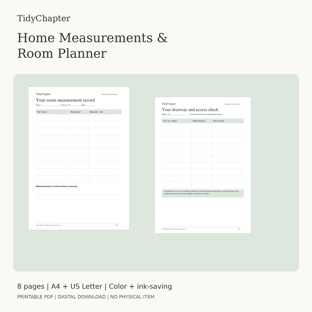 Home Measurements & Room Planner printable PDF pack in A4 and US Letter