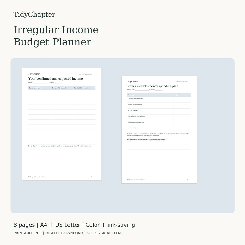 Irregular Income Budget Planner printable PDF pack in A4 and US Letter