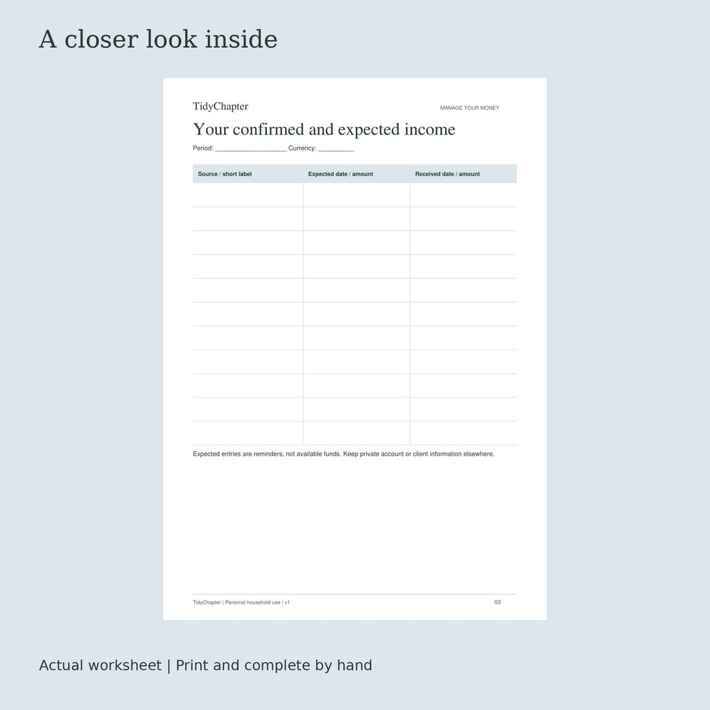 Irregular Income Budget Planner actual worksheet preview