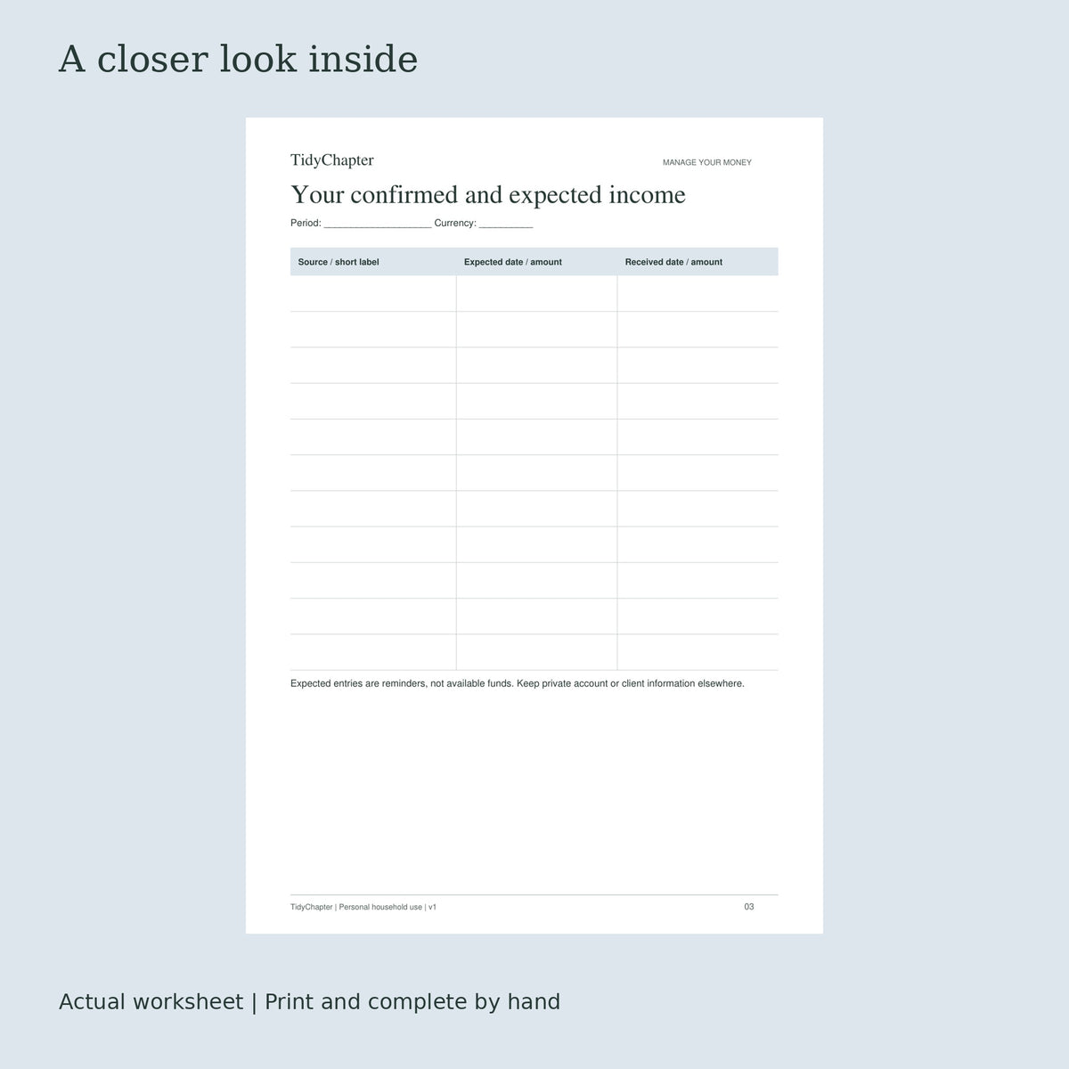 Irregular Income Budget Planner actual worksheet preview
