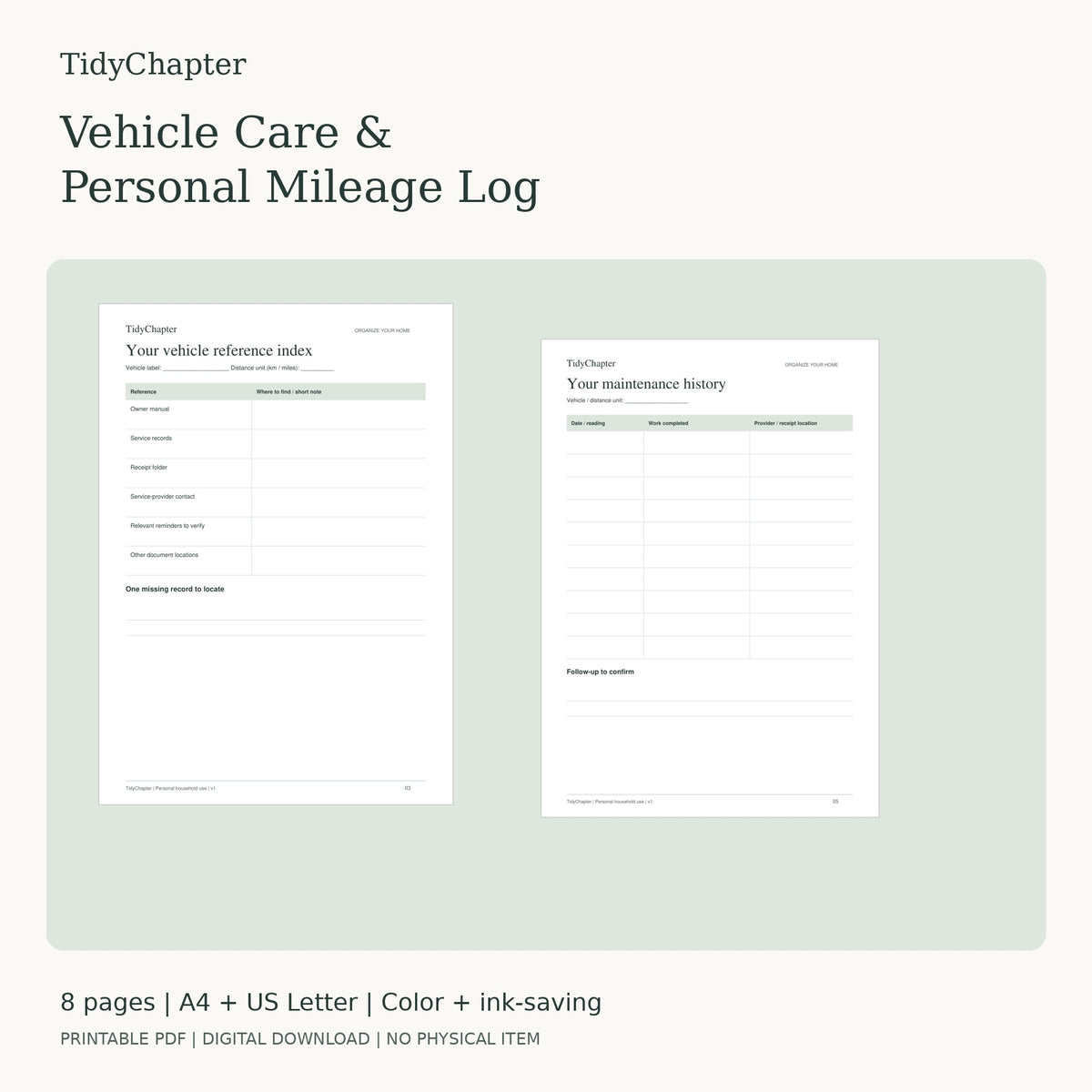 Vehicle Care & Personal Mileage Log printable PDF pack in A4 and US Letter