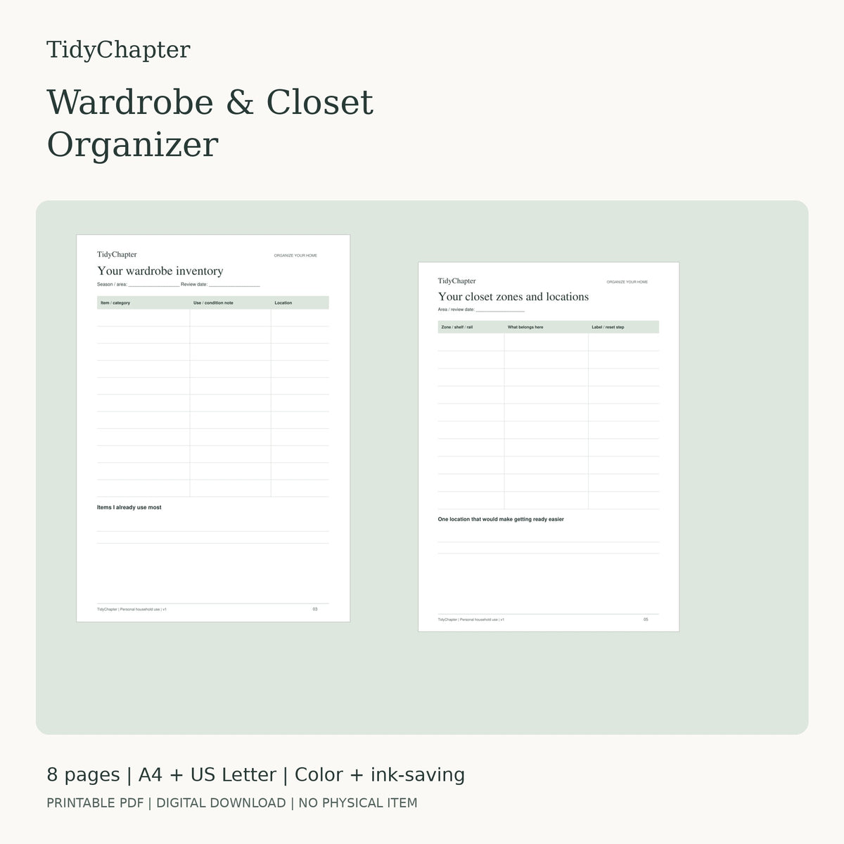 Wardrobe & Closet Organizer printable PDF pack in A4 and US Letter