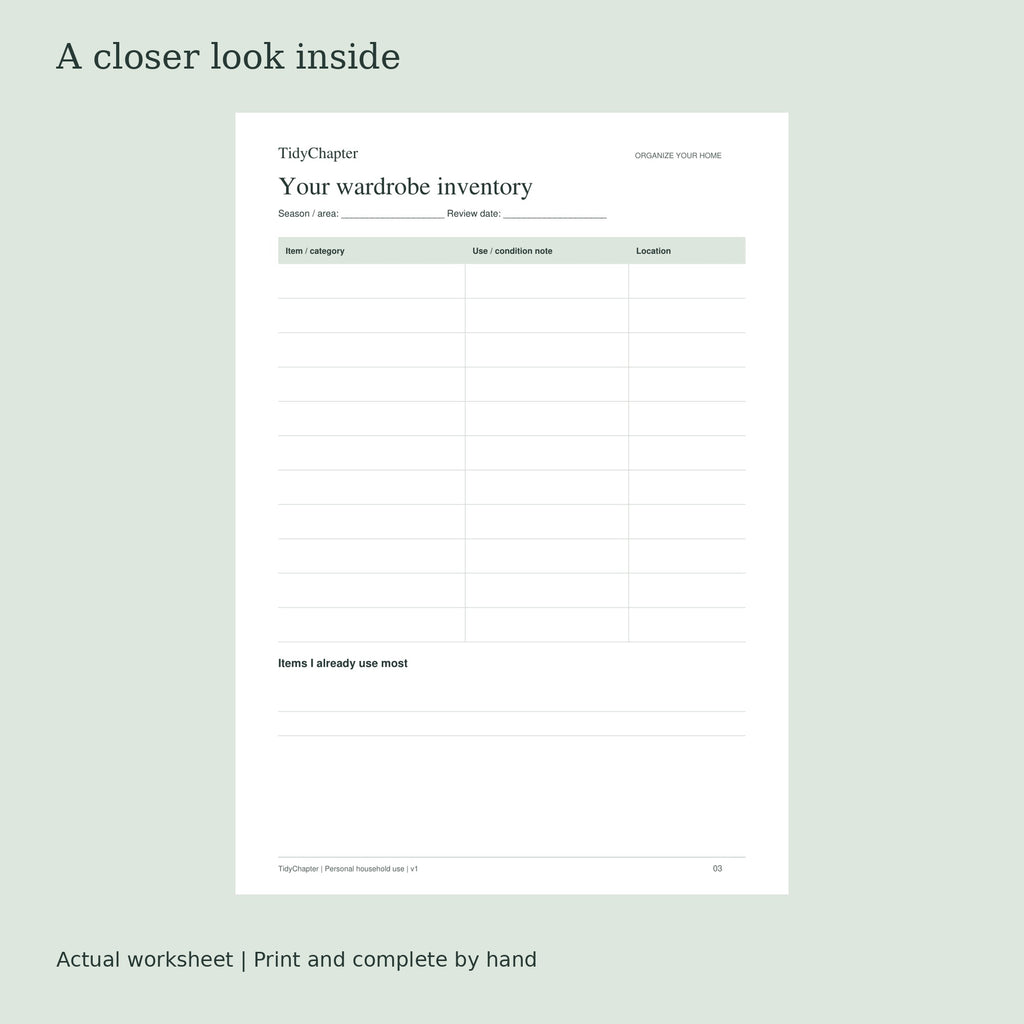 Wardrobe & Closet Organizer actual worksheet preview
