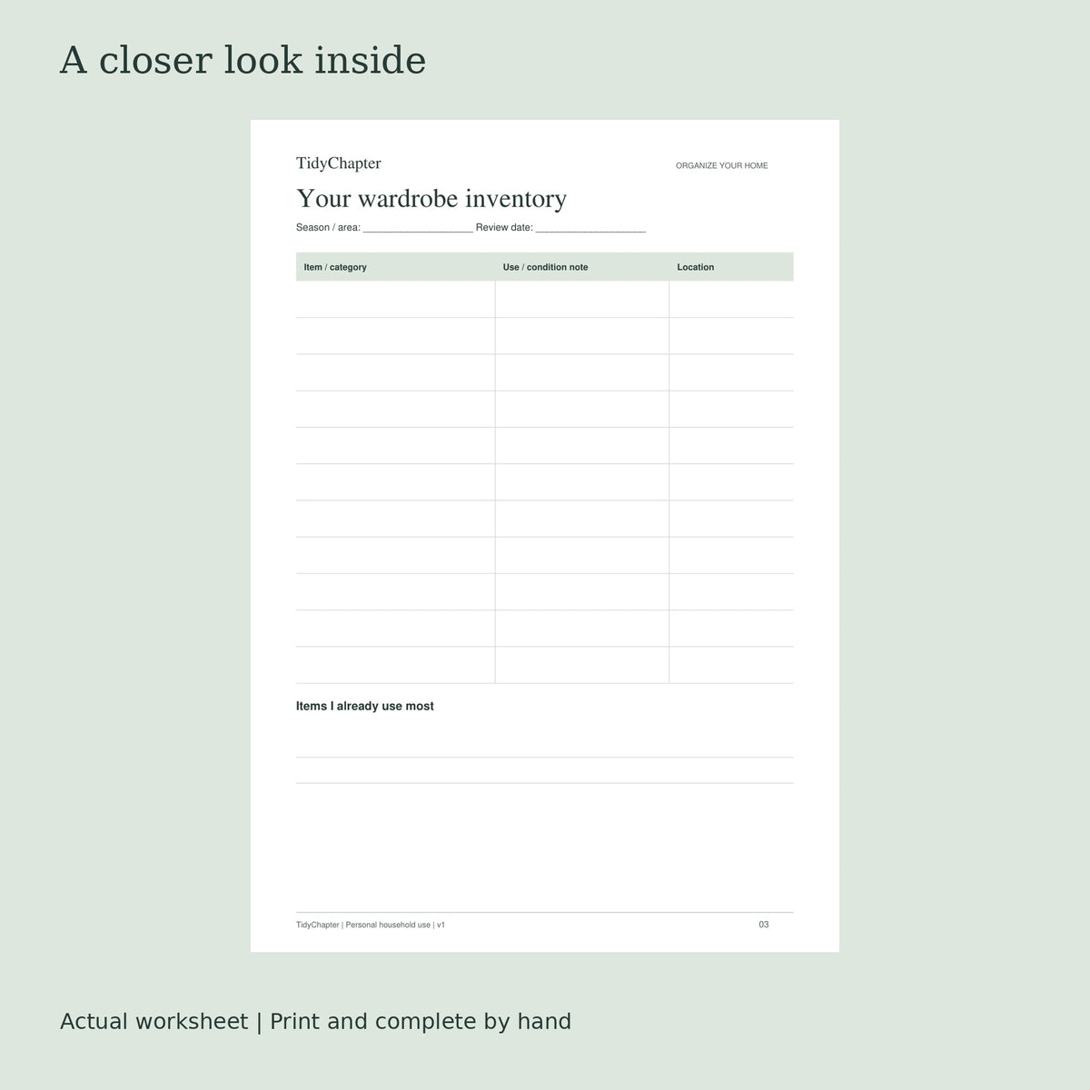 Wardrobe & Closet Organizer actual worksheet preview