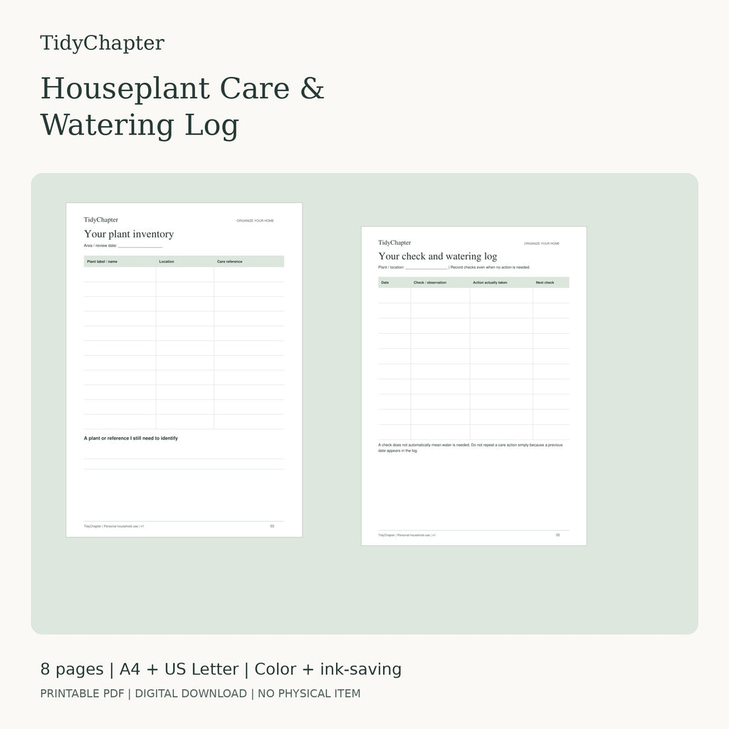Houseplant Care & Watering Log printable PDF pack in A4 and US Letter
