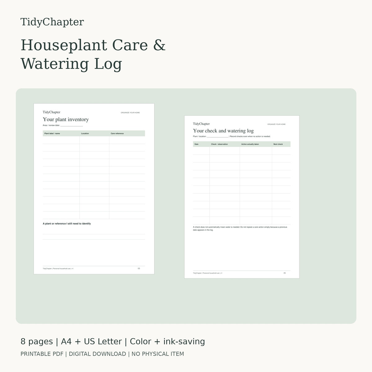 Houseplant Care & Watering Log printable PDF pack in A4 and US Letter