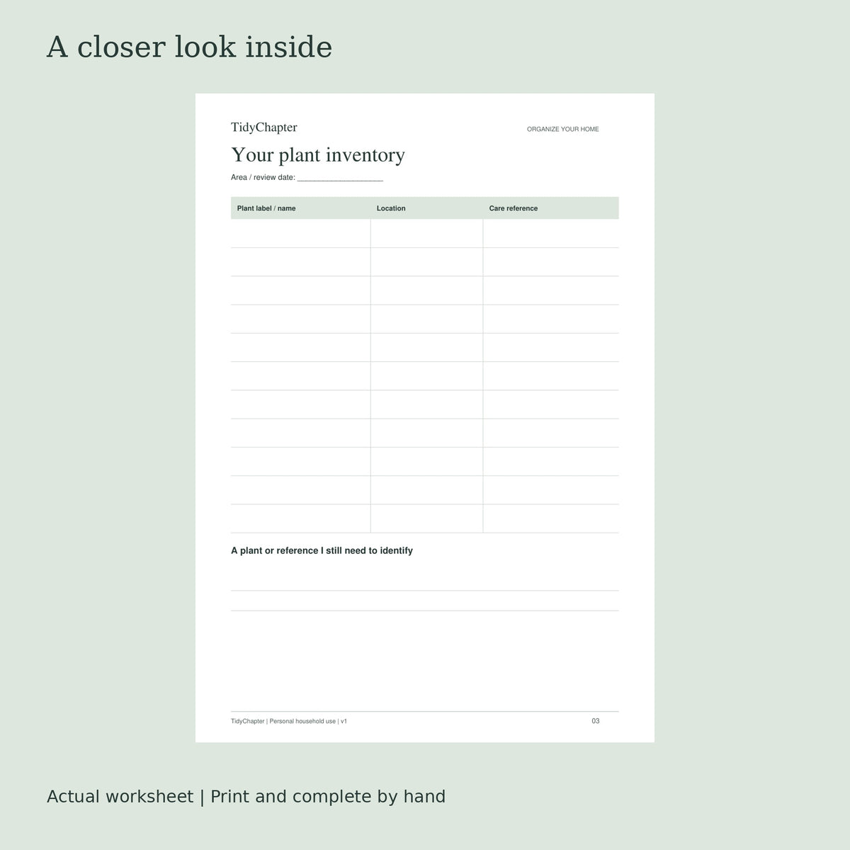 Houseplant Care & Watering Log actual worksheet preview