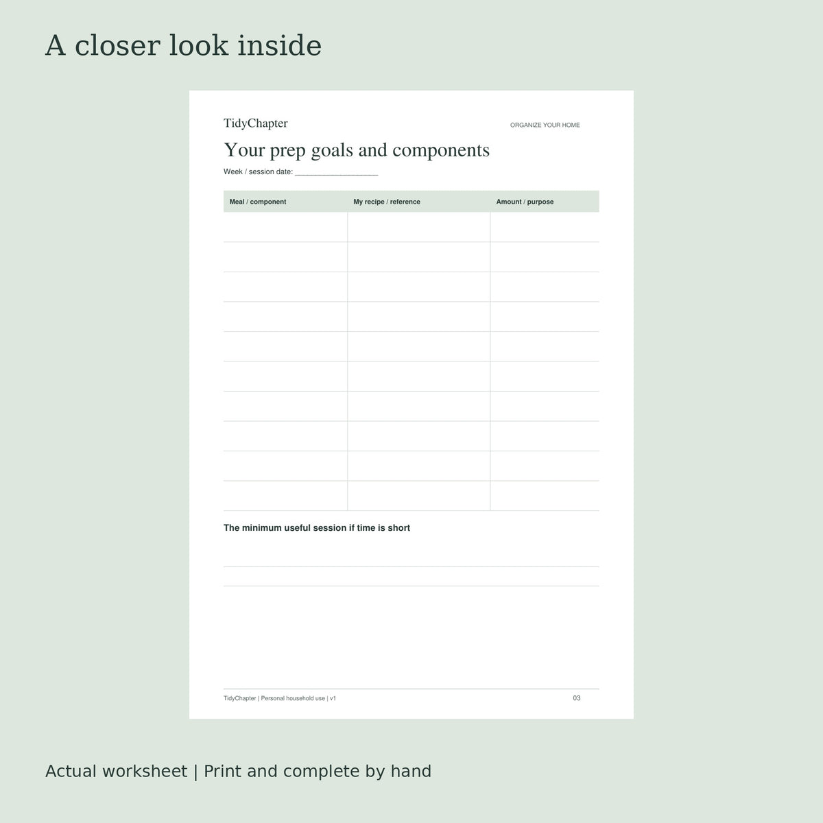 Weekly Meal Prep Planner actual worksheet preview