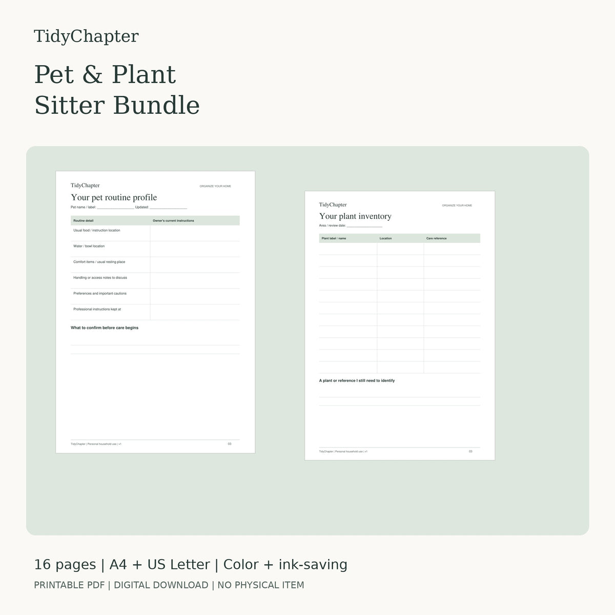 Pet & Plant Sitter Bundle two-pack printable PDF bundle in A4 and US Letter