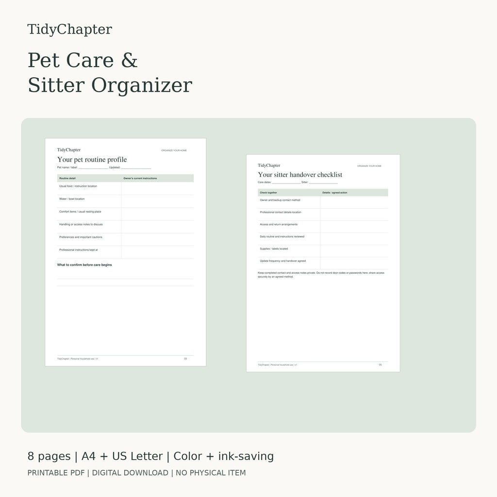Pet Care & Sitter Organizer printable PDF pack in A4 and US Letter