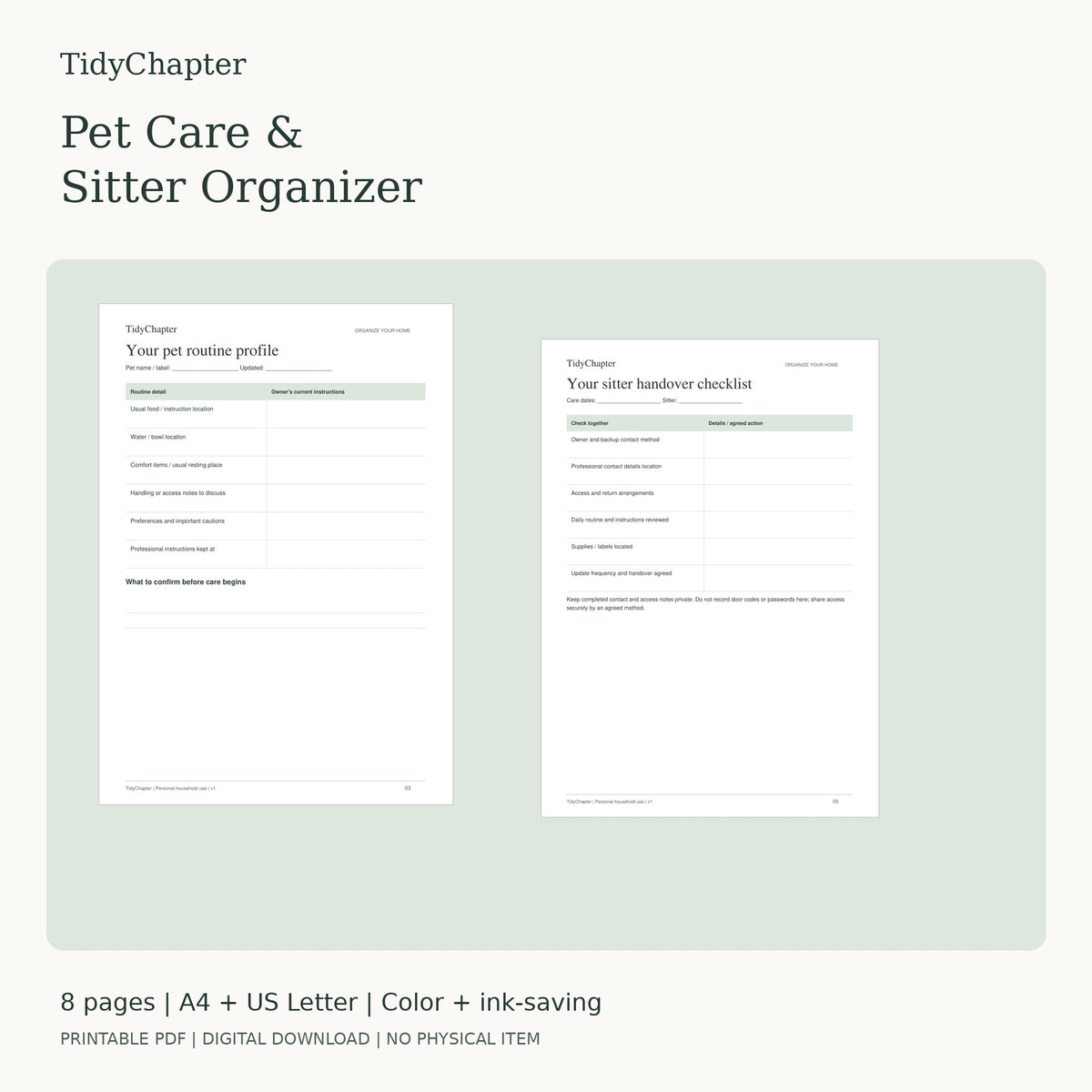 Pet Care & Sitter Organizer printable PDF pack in A4 and US Letter