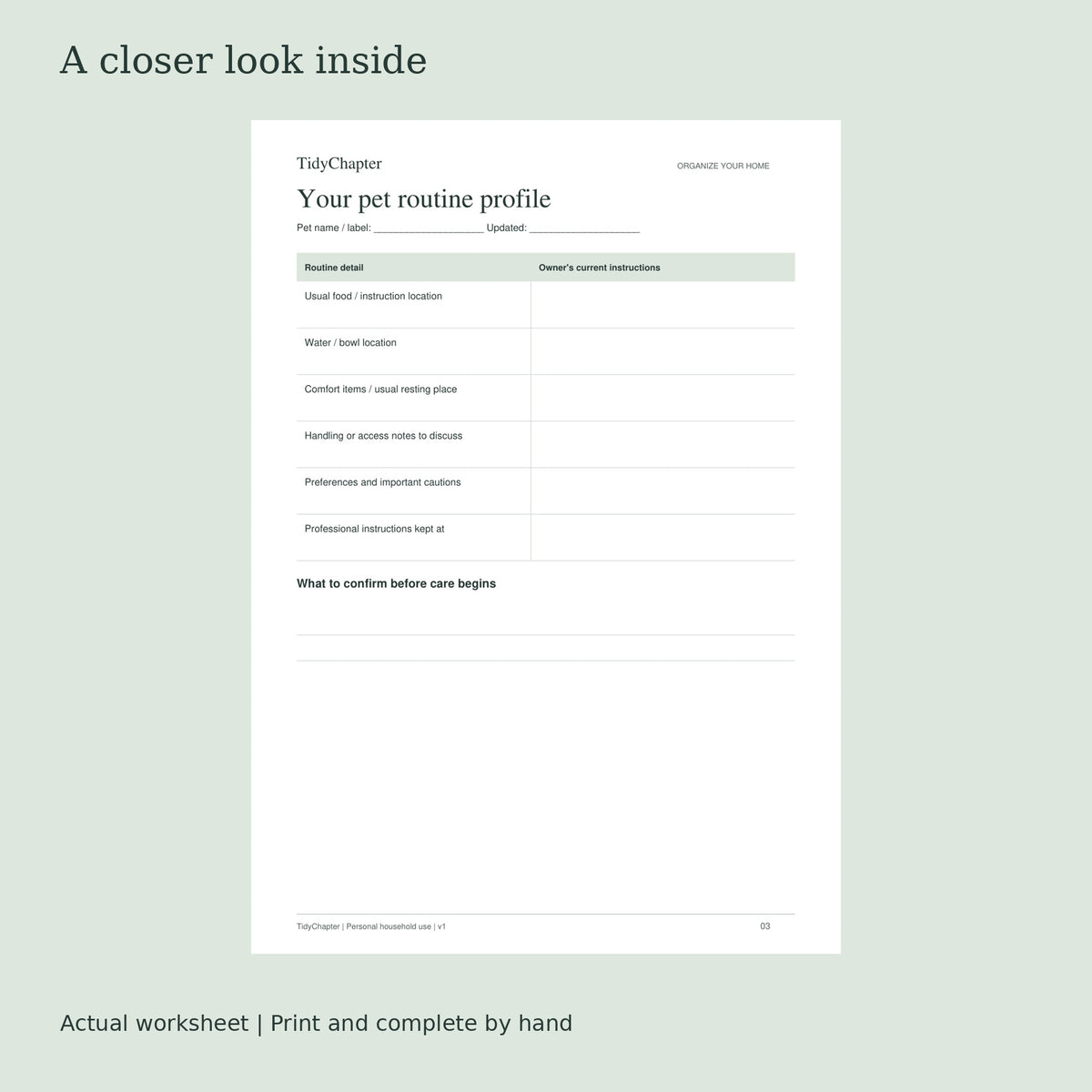 Pet Care & Sitter Organizer actual worksheet preview