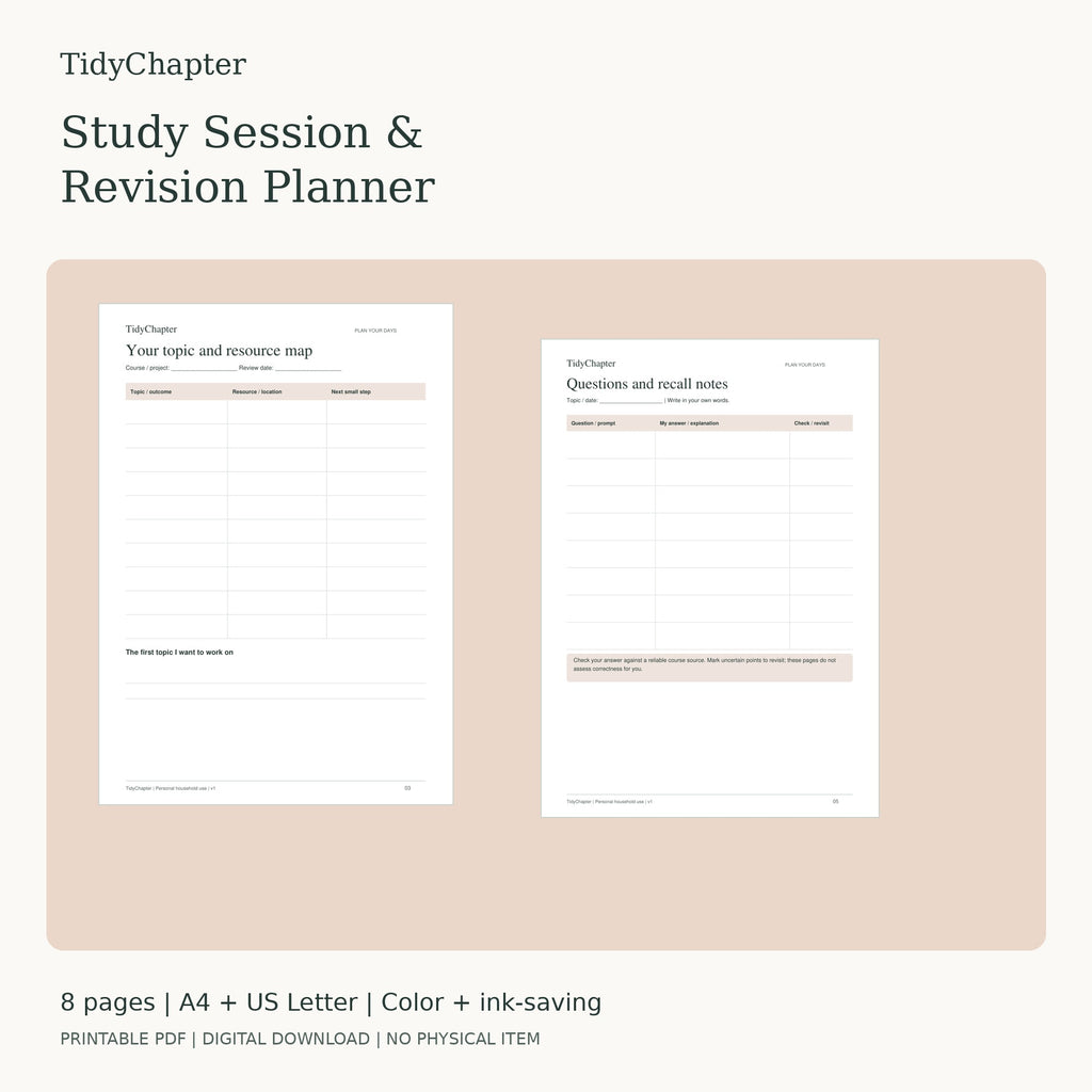 Study Session & Revision Planner printable PDF pack in A4 and US Letter