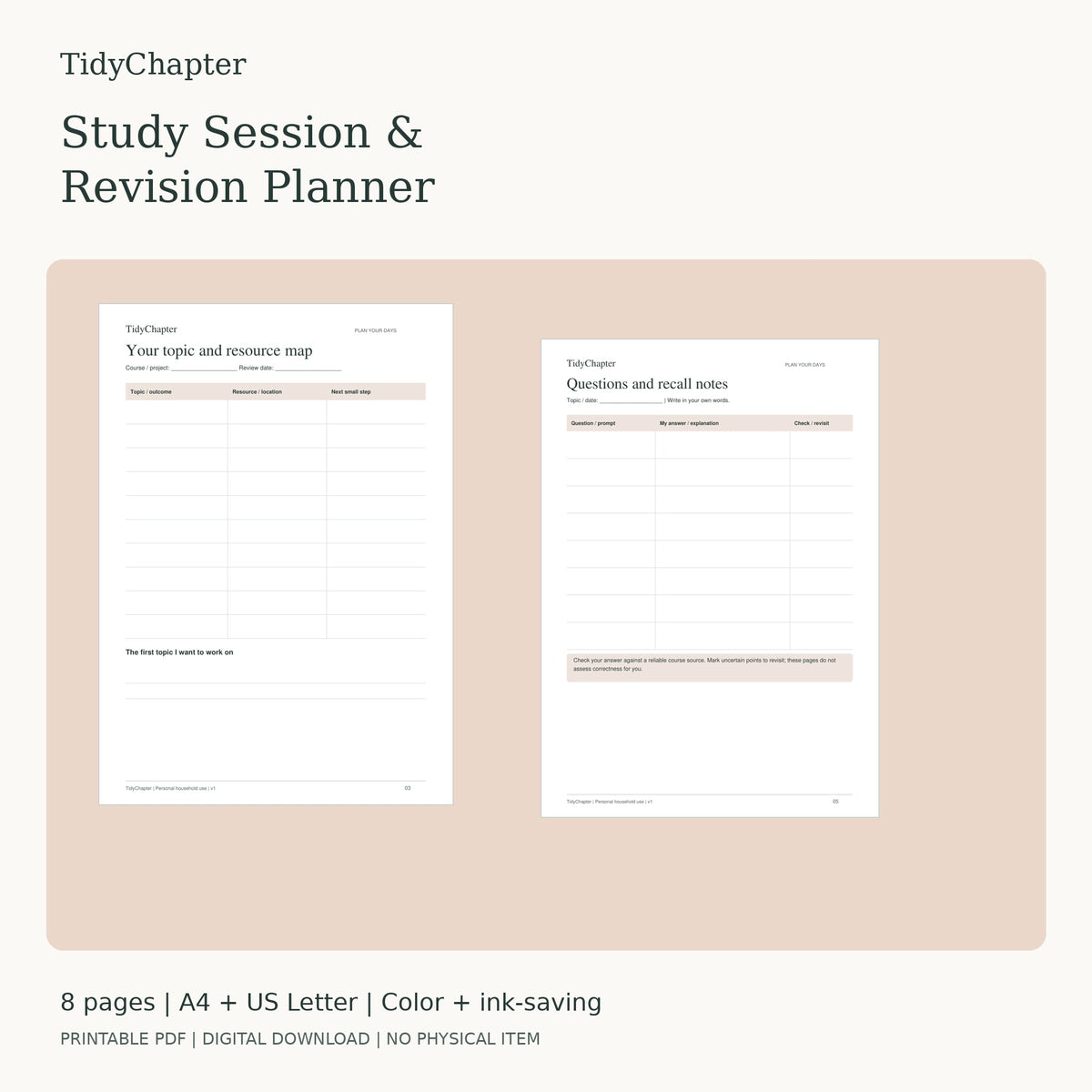 Study Session & Revision Planner printable PDF pack in A4 and US Letter