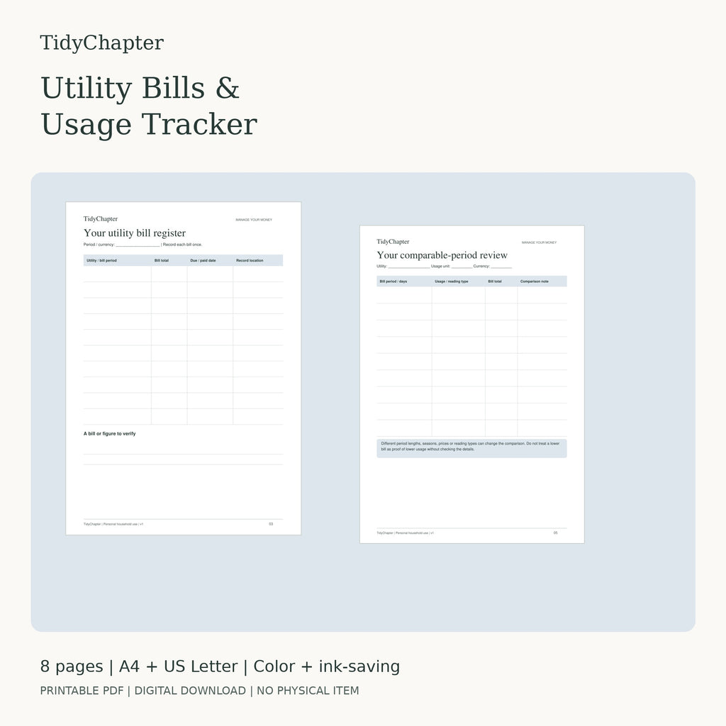 Utility Bills & Usage Tracker printable PDF pack in A4 and US Letter