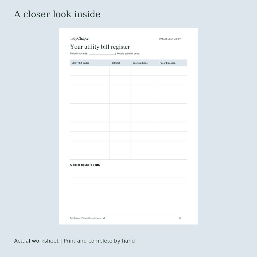 Utility Bills & Usage Tracker actual worksheet preview