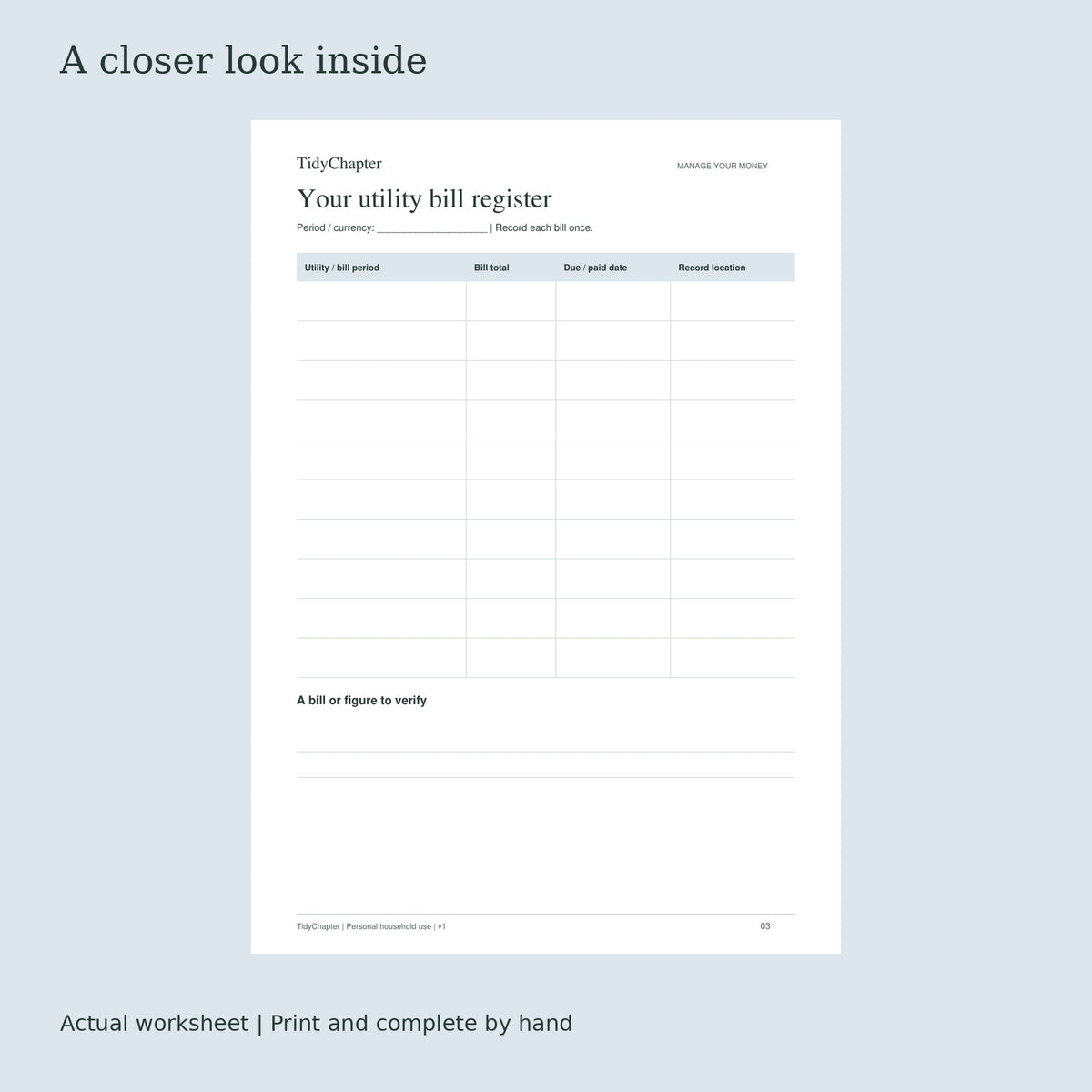 Utility Bills & Usage Tracker actual worksheet preview