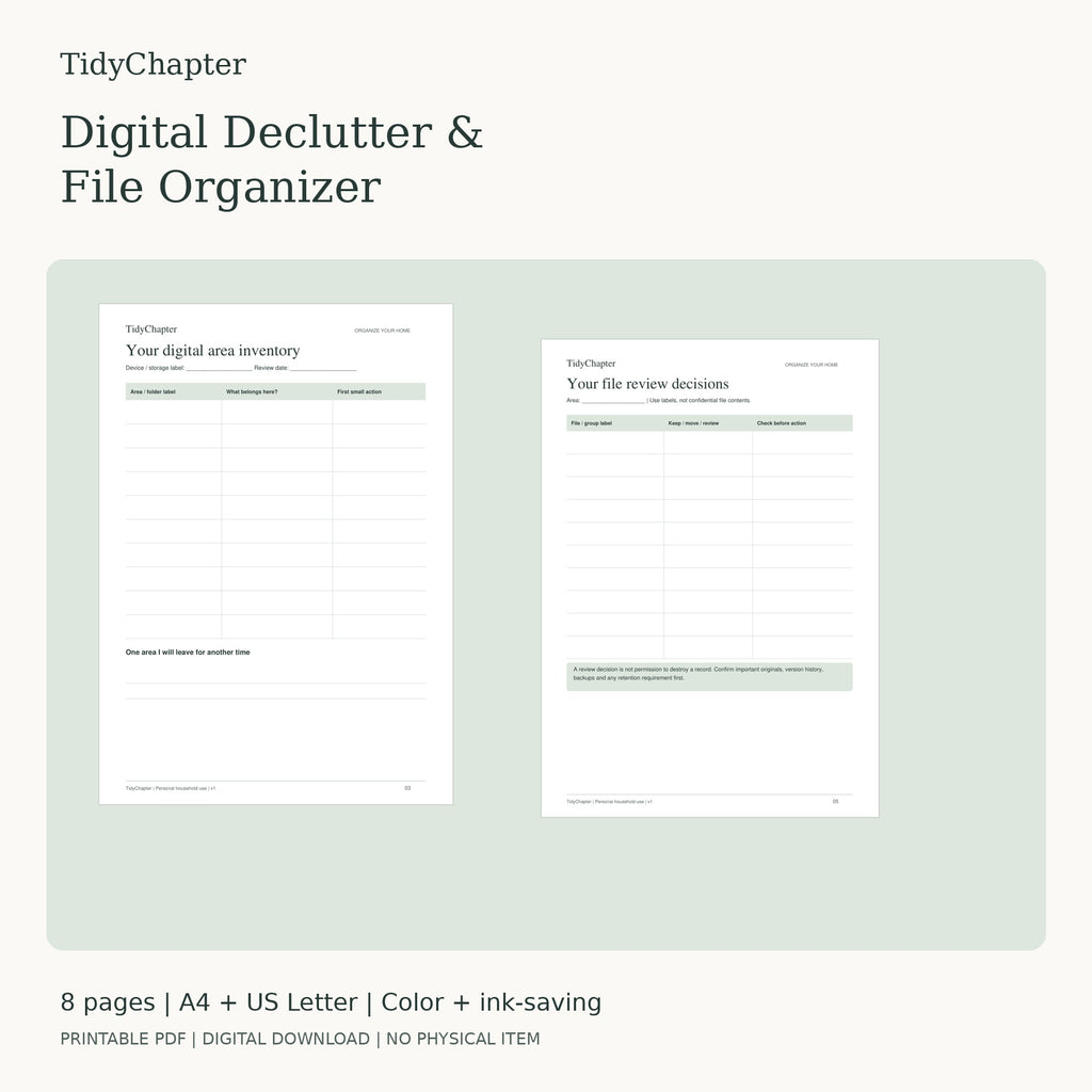 Digital Declutter & File Organizer printable PDF pack in A4 and US Letter