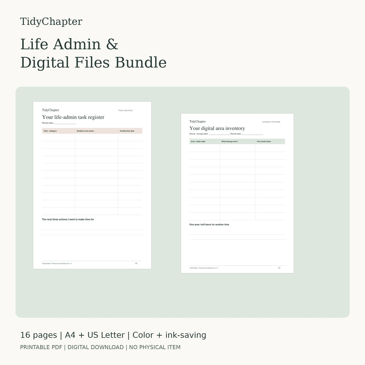 Life Admin & Digital Files Bundle two-pack printable PDF bundle in A4 and US Letter