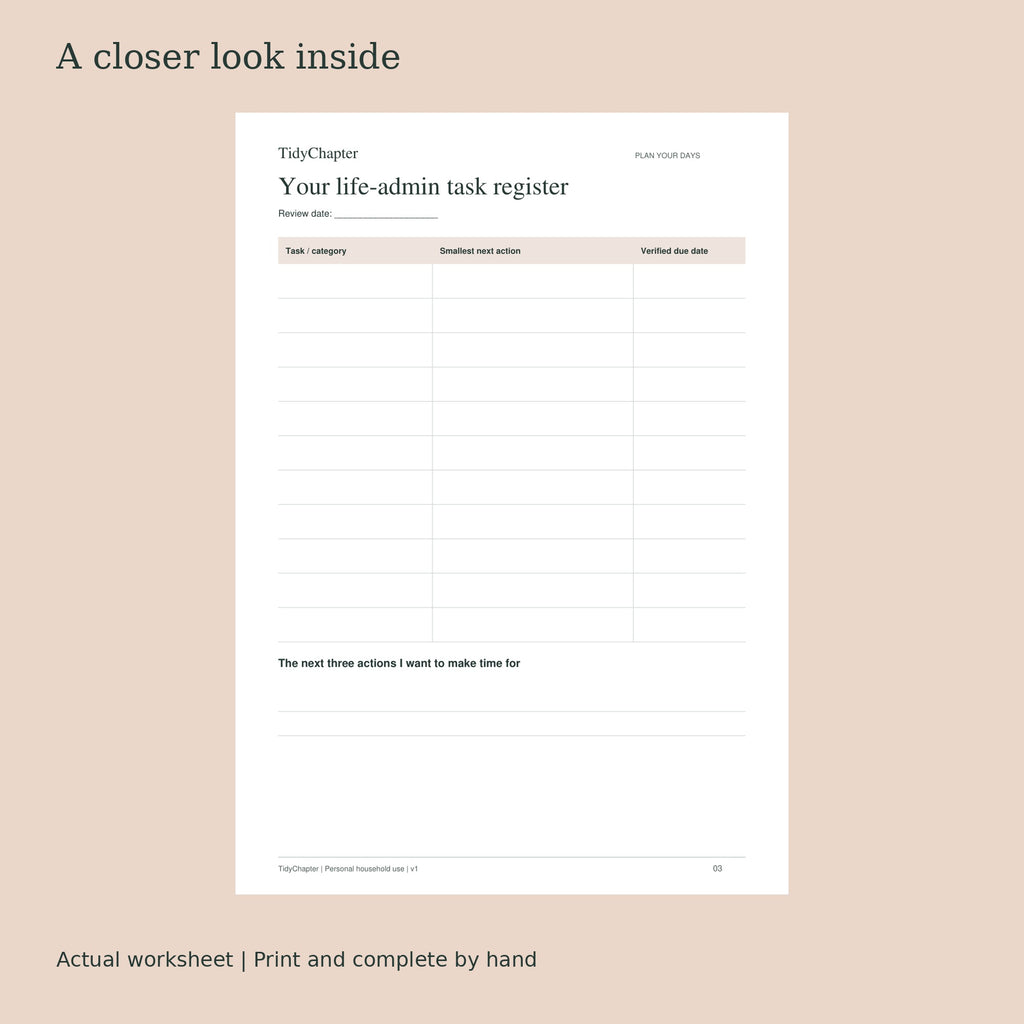Personal Admin & Life Tasks Planner actual worksheet preview