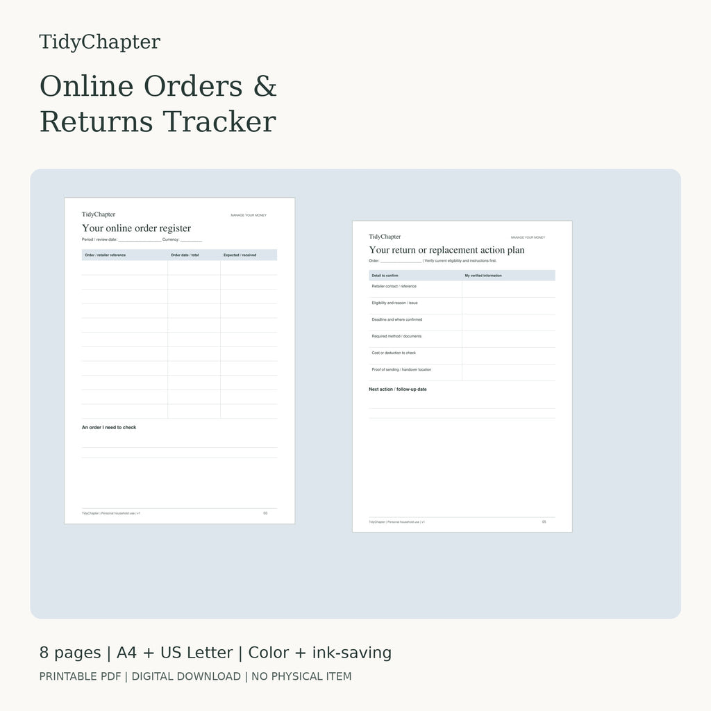 Online Orders & Returns Tracker printable PDF pack in A4 and US Letter