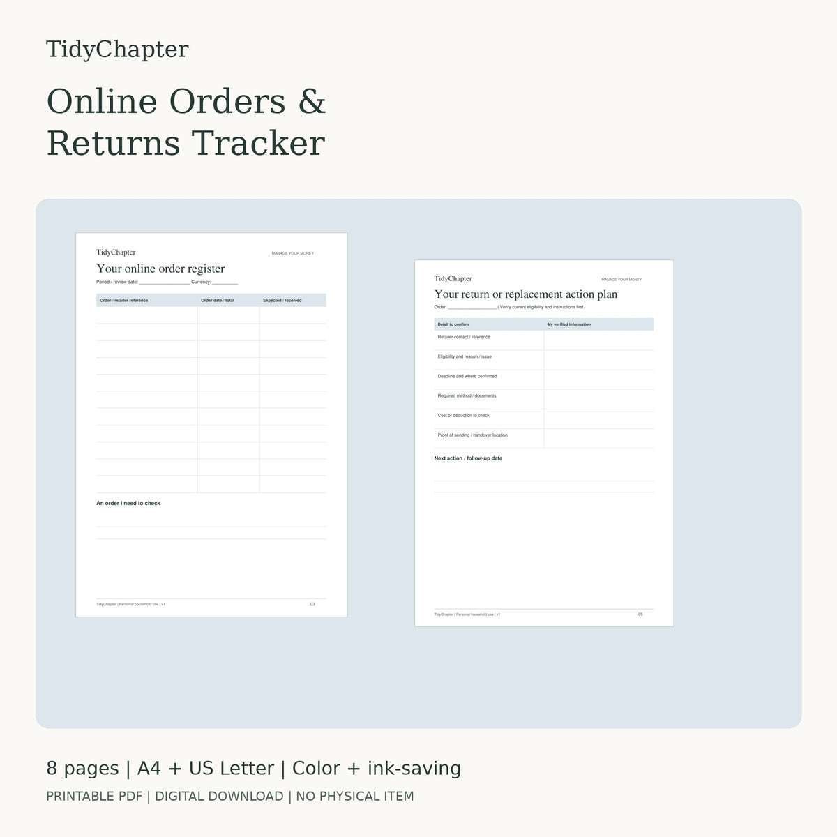 Online Orders & Returns Tracker printable PDF pack in A4 and US Letter