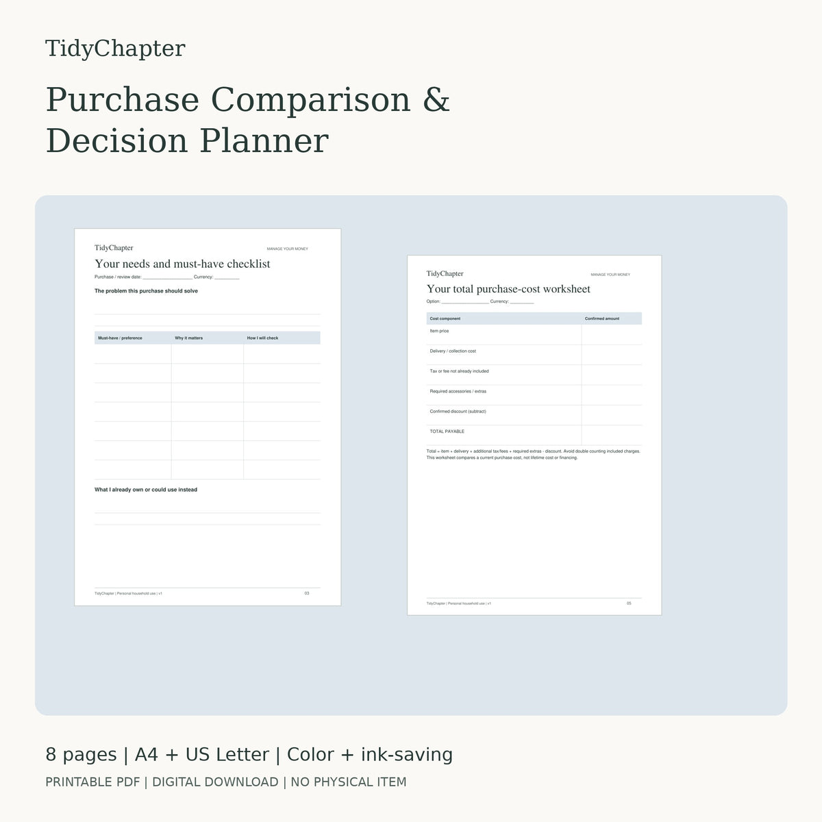 Purchase Comparison & Decision Planner printable PDF pack in A4 and US Letter