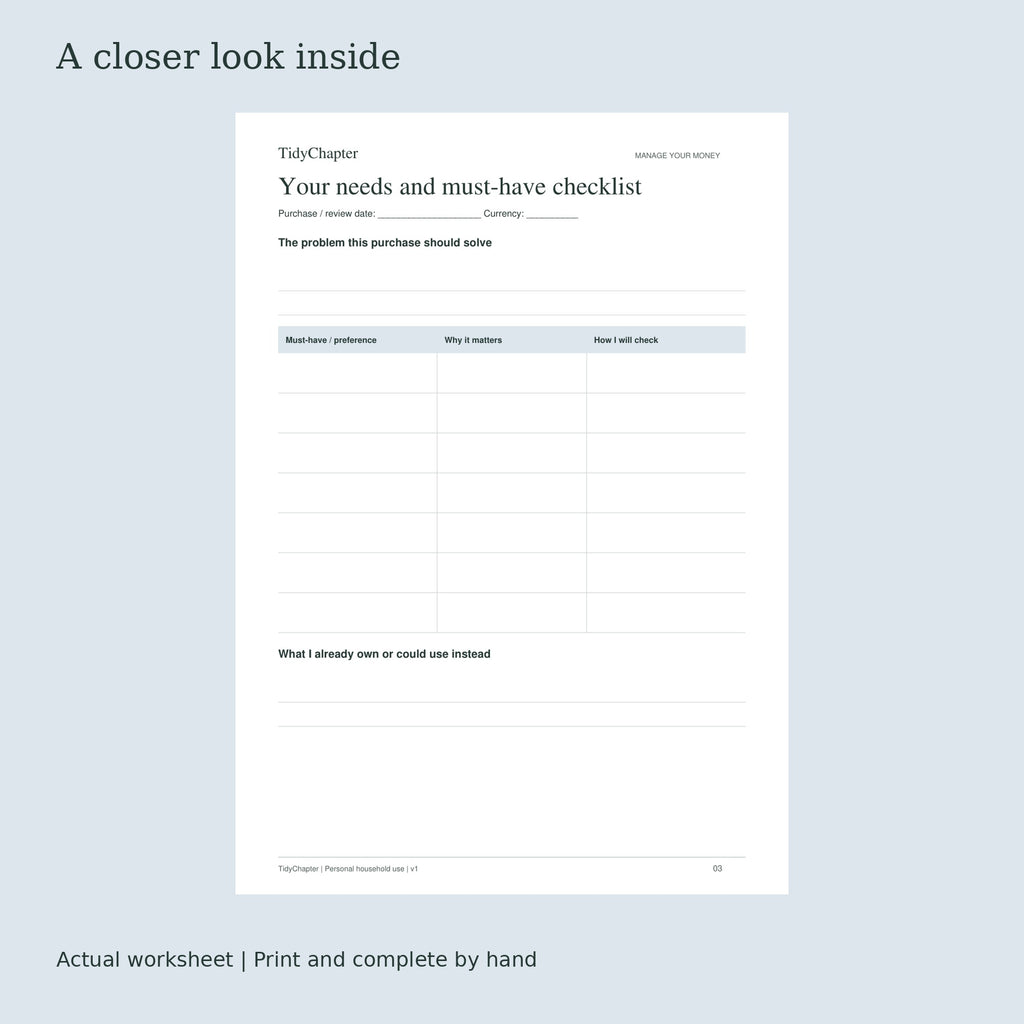 Purchase Comparison & Decision Planner actual worksheet preview