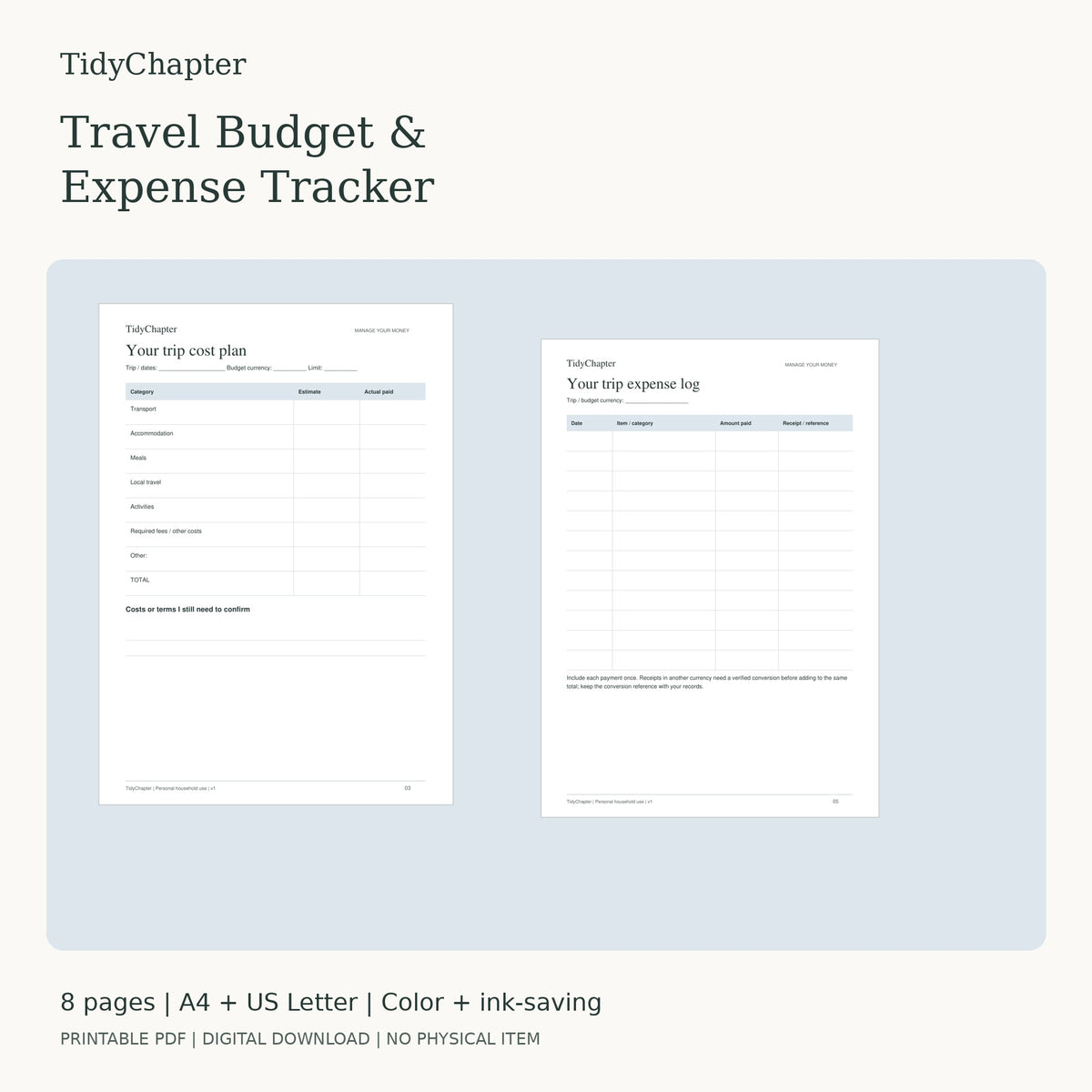 Travel Budget & Expense Tracker printable PDF pack in A4 and US Letter