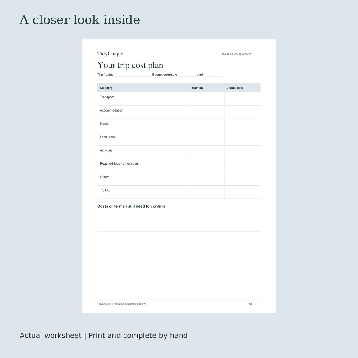 Travel Budget & Expense Tracker actual worksheet preview