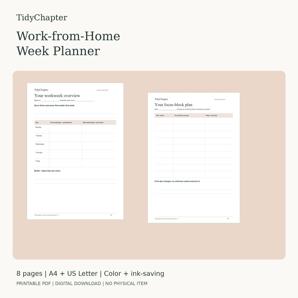 Work-from-Home Week Planner printable PDF pack in A4 and US Letter