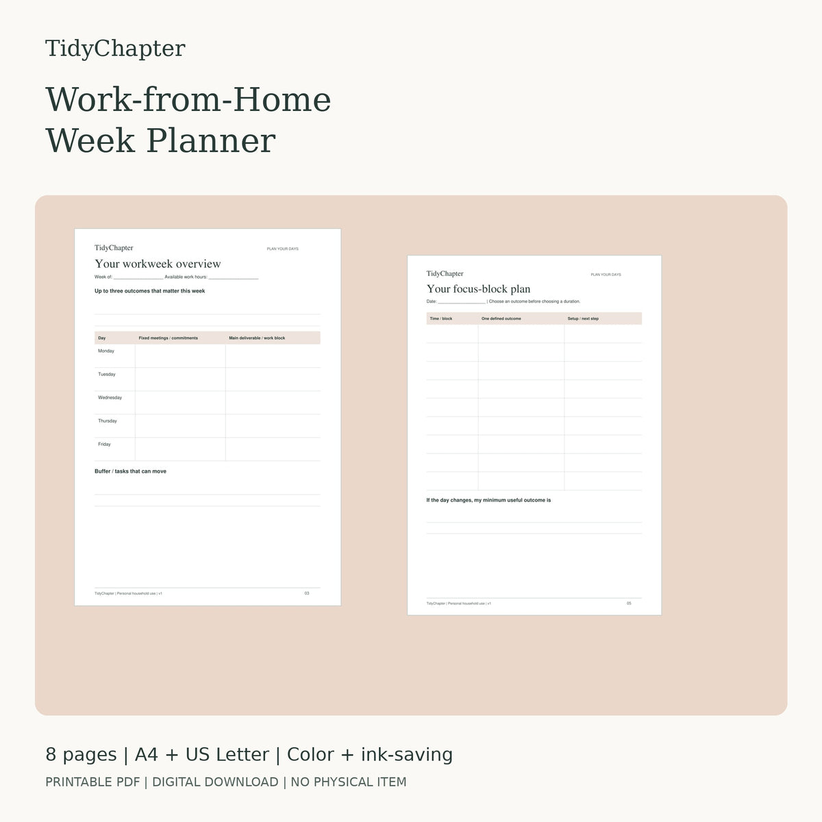 Work-from-Home Week Planner printable PDF pack in A4 and US Letter